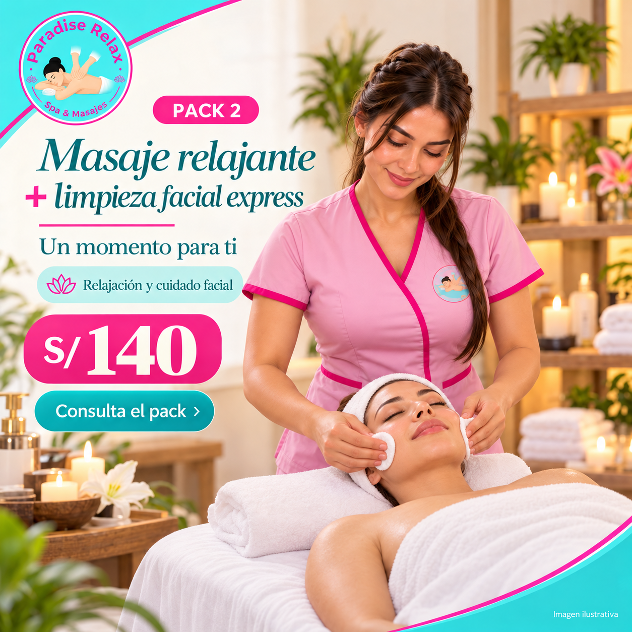 Pack 2 de Paradise Relax: Masaje relajante + limpieza facial express