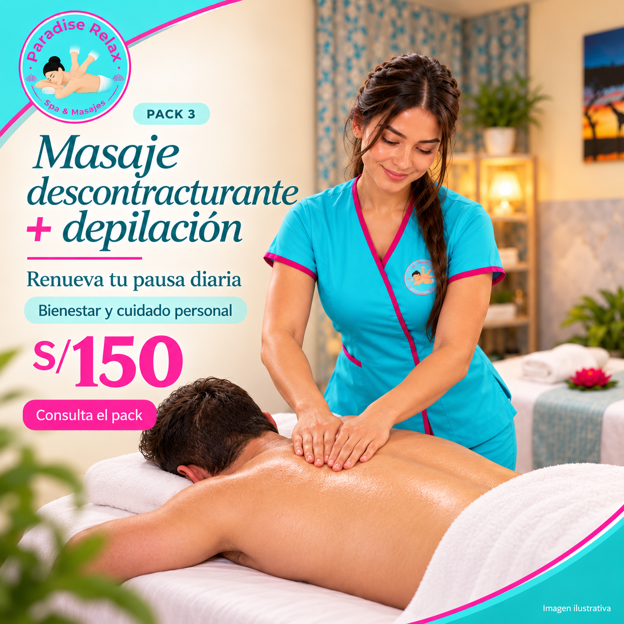 Pack 3 de Paradise Relax: Masaje descontracturante + depilación