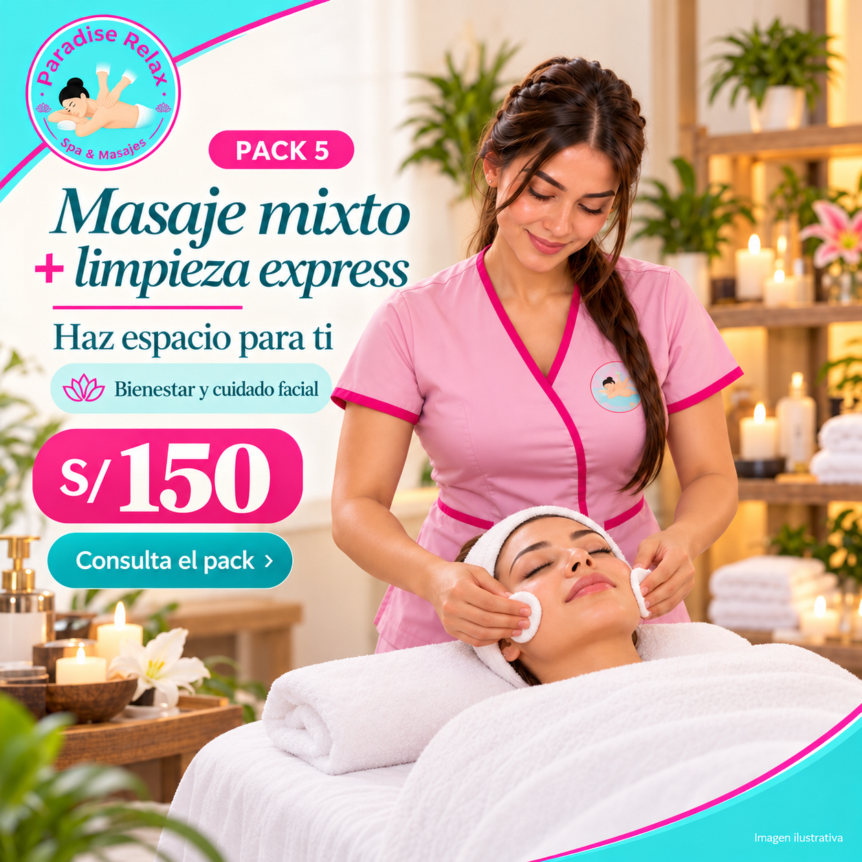 Pack 5 de Paradise Relax: Masaje mixto + limpieza express