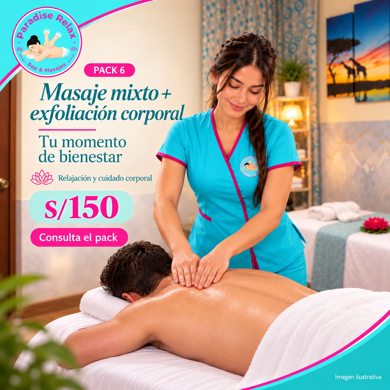 Pack 6 de Paradise Relax: Masaje mixto + exfoliación corporal