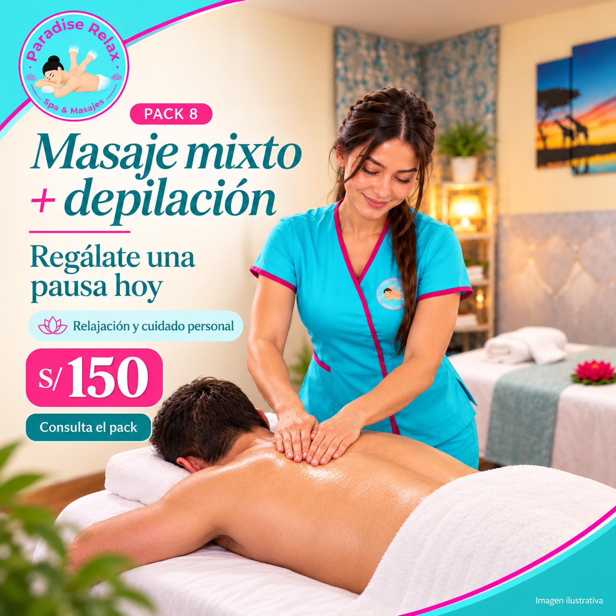 Pack 8 de Paradise Relax: Masaje mixto + depilación